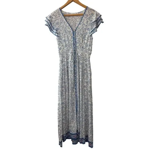 Poupette St Barth Della Blue Floral Midi Dress Smocked Waist XS - Picture 3 of 11